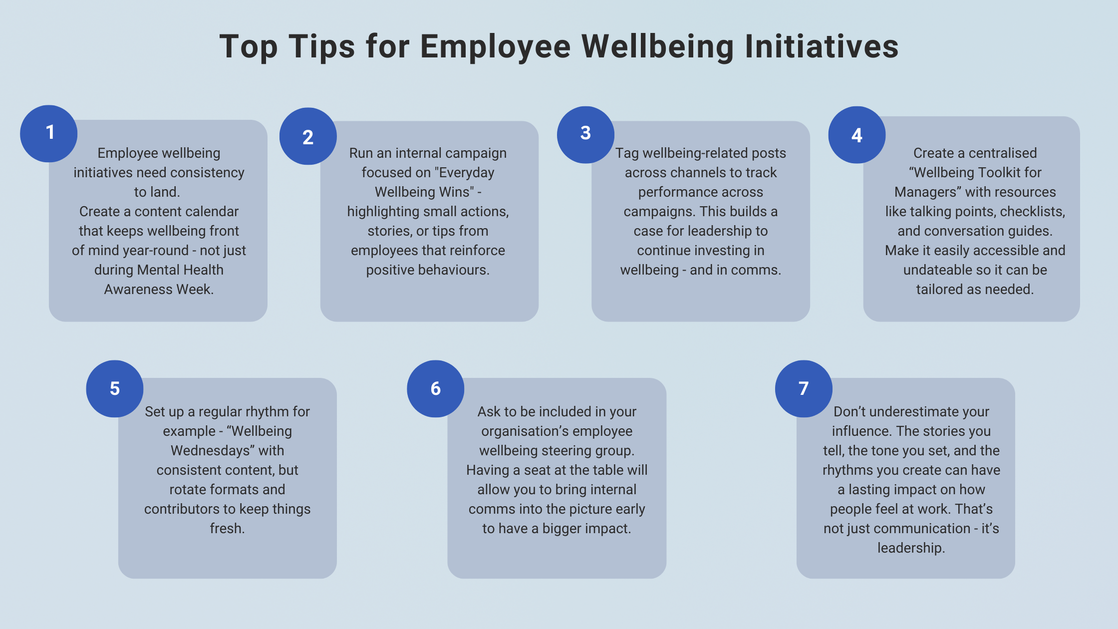 Employee Wellbeing Initiatives: How Internal Comms Can Lead the Charge 1 Top tips for employee wellbeing initiatives
